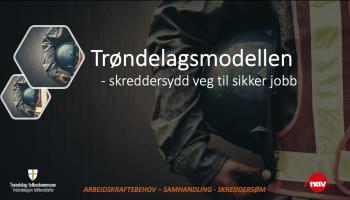 Illustrasjonsbilde med tekst "Trøndelagsmodellen - skreddersydd veg til sikker jobb" og logo Trøndelag fylkeskommune og Nav