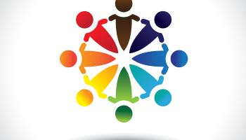 Illustrasjon i ulike farger. Sirkel med det som kan se ut som personer