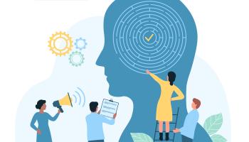 Illustrasjon av et hode med labyrint og fire mennesker som står rundt og undersøker.