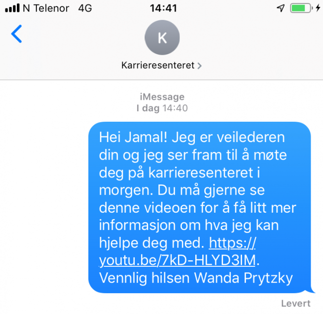 Skjermbilde, melding fra veileder Skjermbilde av melding fra veileder