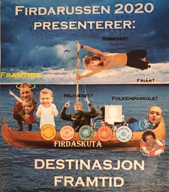 Plakat fra russerevyen på Firda vgs, bilde av en skute med karriereknappene og ulike fremtidsvalg