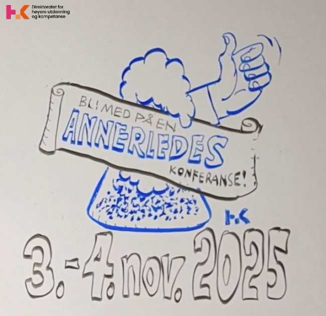 Skjermdump fra promofilm med teksten "Bli med på en annerledes konferanse! 3.-4. november 2025"
