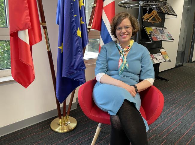 Bilde av smilende dame i blå kjole med europeiske flagg i bakgrunnen