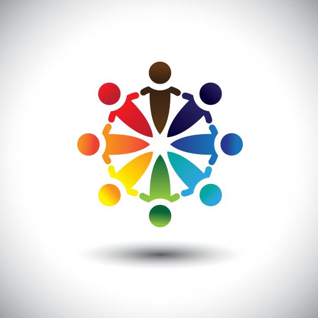 Illustrasjon i ulike farger. Sirkel med det som kan se ut som personer