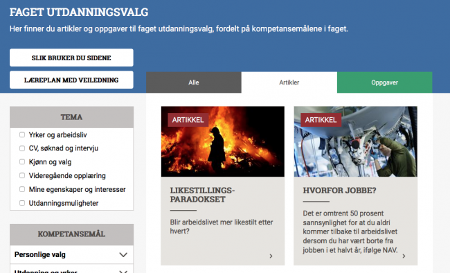 Skjermbilde av nettressursen faget utdanningsvalg