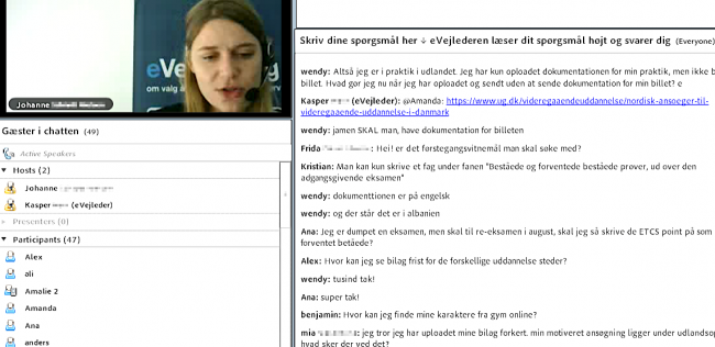 Skjermbilde av webinar, eVejledning (anonymisert) Skjermbilde av webinar, eVejledning